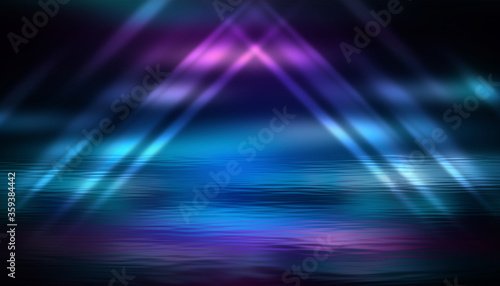 Dark background, neon lights, reflection on the water. Modern abstraction, night view. Rays and lines in neon. Liquid, puddles, flooding. 3D illustration