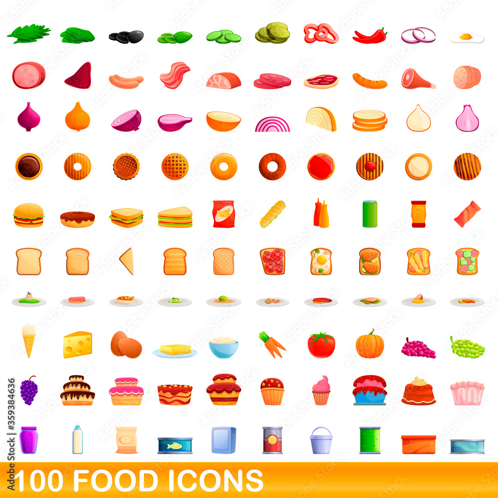 Fototapeta 100 food icons set. Cartoon illustration of 100 food icons vector set isolated on white background