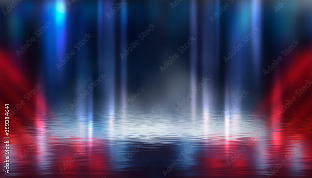 Dark background, neon lights, reflection on the water. Modern abstraction, night view. Rays and lines in neon. Liquid, puddles, flooding. 3D illustration