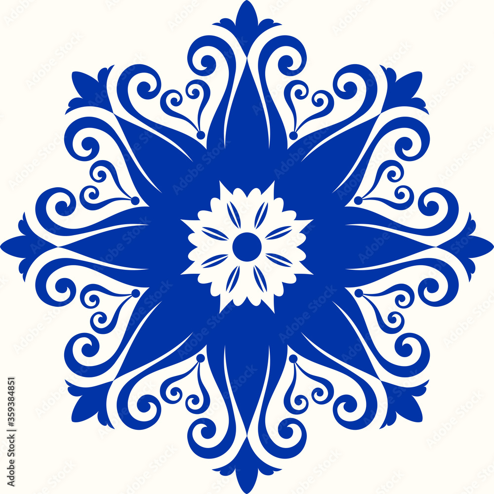 Blue and white Azulejo tile. Portuguese and Spain decor. Islam, Arabic, Indian, Ottoman motif. Vector Hand drawn pattern	