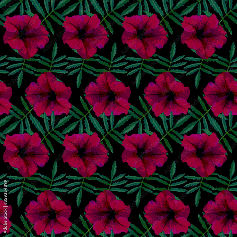 Seamless pattern with red Petunia flowers and green leaves on black background. Endless colorful floral texture. Raster illustration.