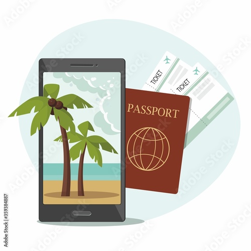 Passport with boarding pass tickets, and a phone with a beach and palm trees on screen. 
