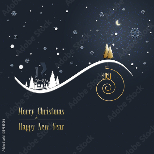 Beautiful stylish minimalist Christmas winter night landscape with snow, houses, star, pine fir, shiny text 2021 on golden spiral and gold Christmas trees on dark blue background. Design, poster. 3D