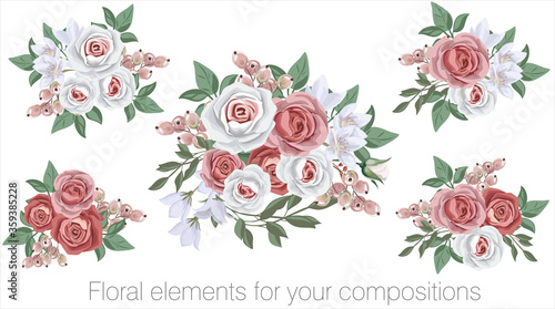 Vector floral set with leaves and flowers. Elements for your compositions, greeting cards or wedding invitations. Red and white roses, berries and white flowers
