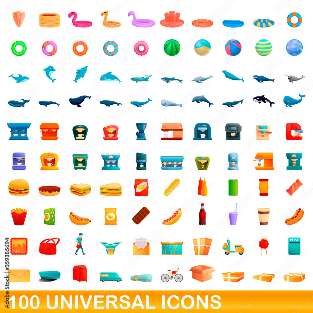 100 universal icons set. Cartoon illustration of 100 universal icons vector set isolated on white background 100 universal icons set. Cartoon illustration of 100 universal icons vector set isolated on white background
