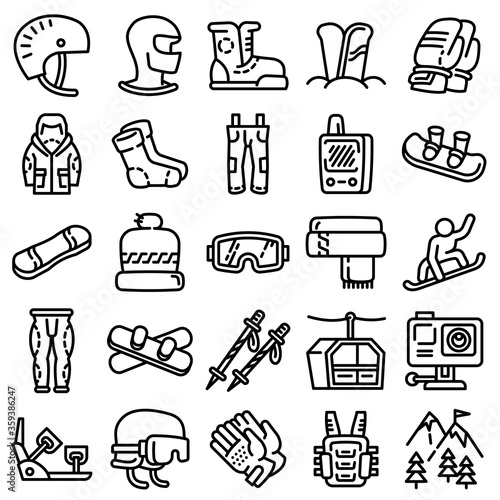 Snowboarding equipment icons set. Outline set of snowboarding equipment vector icons for web design isolated on white background