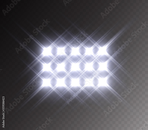 Stadium light effect isolated on transparent background. White flashlignt, flare, projector rays or spotlight. Vector glow searchlight template