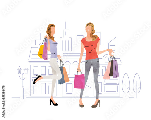 Stock illustration: shopping, two women shopping