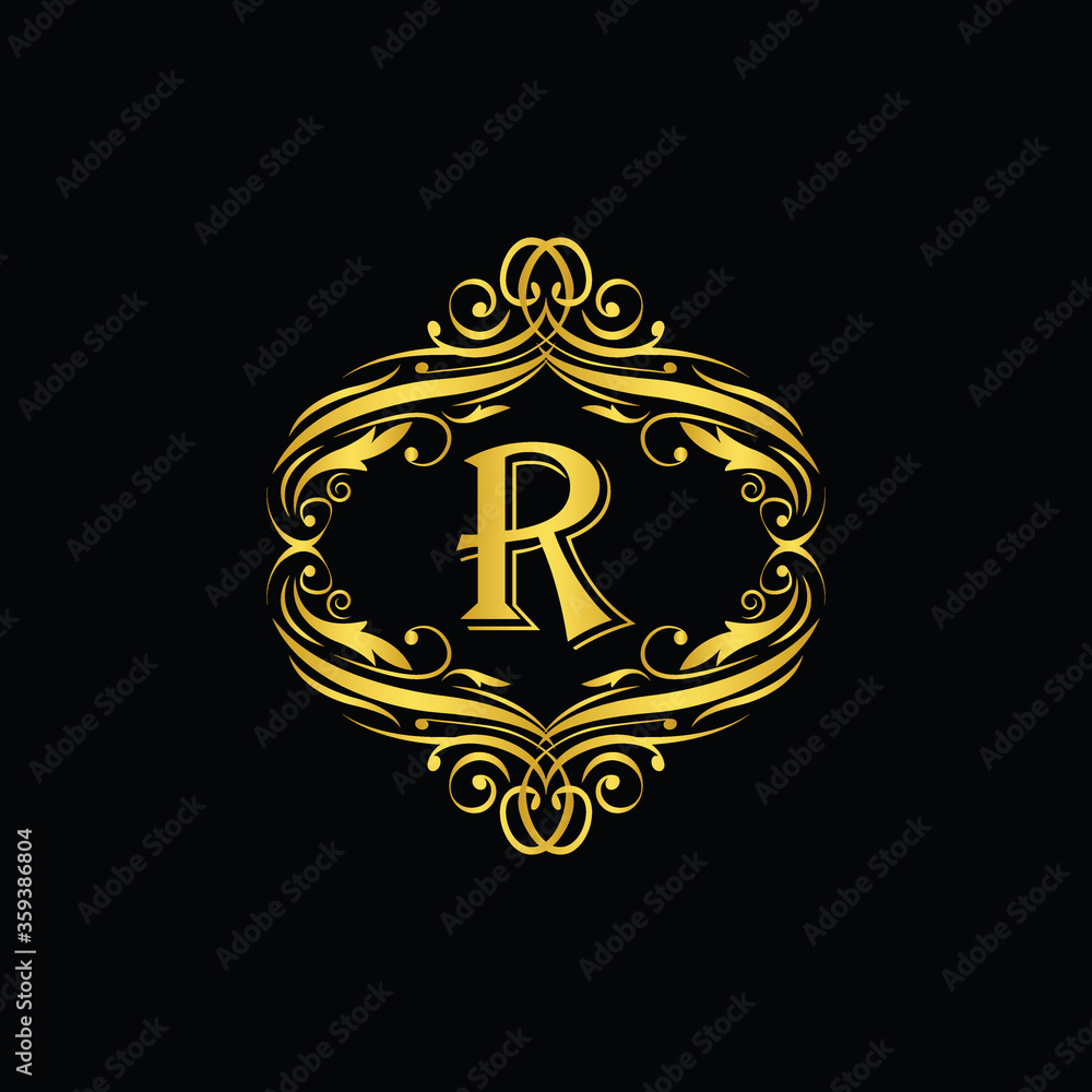 R letter  golden  flower  ornament. Vector logo. Monogram alphabet gold . Beautiful floral capital luxury