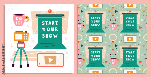 Blogging, vlogging set. Filming items. Chroma key, tripod, lightning, smartphone, cup. Flat colourful vector seamless pattern, texture, background, backdrop. Card making.
