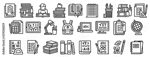 Homework icons set. Outline set of homework vector icons for web design isolated on white background