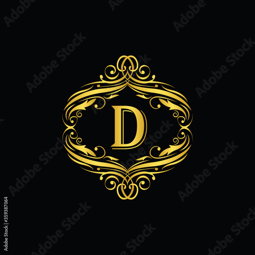 D letter  golden  flower  ornament. Vector logo. Monogram alphabet gold . Beautiful floral capital luxury