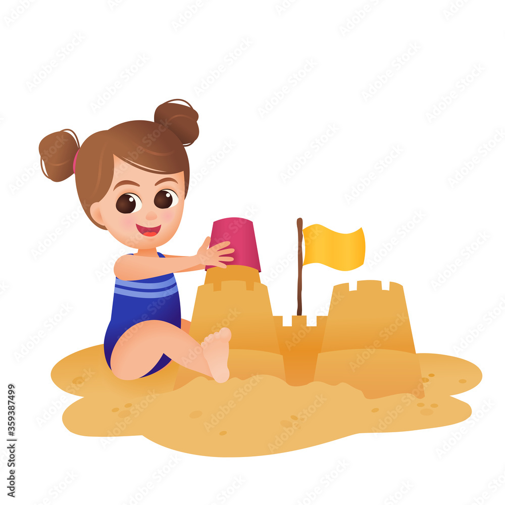 Little girl child builds a sand castle on the beach vector illustration ...
