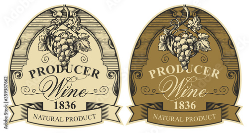 Wine labels with a bunch of grapes, a ribbon and a calligraphic inscription in a figured frame. Vector set of two elegant hand-drawn labels in vintage style