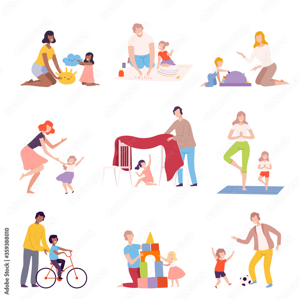 Parents and Kids Spending Time Together at Home Set, Fathers and Mothers Playing, Reading, Dancing and Doing Sports with Their Children Flat Style Vector Illustration