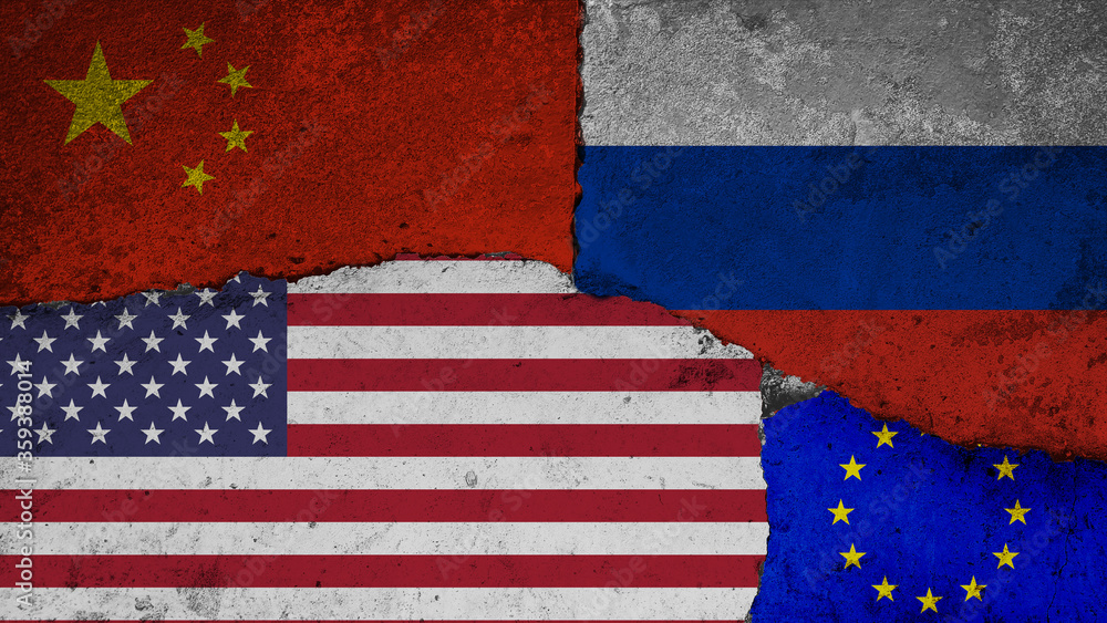 Concept of the Great Power Competition with Flags of the United States, Russia, China and the European Union painted on a cracked wall
