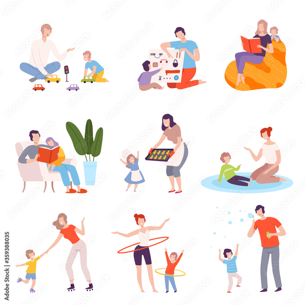 Parents and Kids Spending Time Together at Home Set, Fathers and Mothers Playing, Reading, Cooking and Doing Sports with Their Children Flat Style Vector Illustration