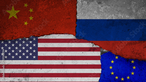 Obraz na płótnie Concept of the Great Power Competition with Flags of the United States, Russia, China and the European Union painted on a cracked wall w salonie