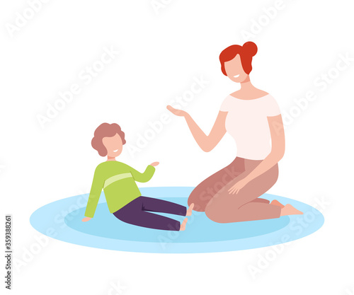 Mother and her Son Sitting on the Floor and Talking, Parent and Kid Spending Time Together at Home Flat Style Vector Illustration