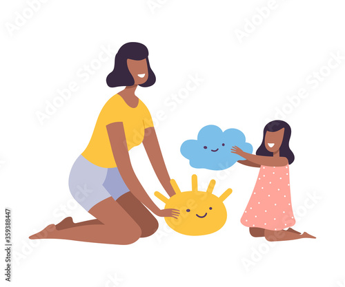 Mother Playing with her Little Daughter, Parent and Kid Spending Time Together at Home Flat Style Vector Illustration