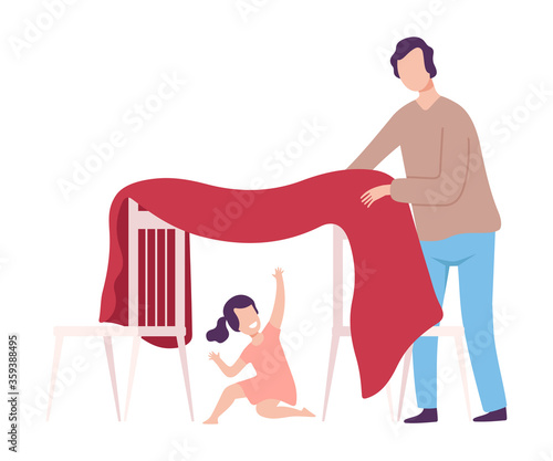 Father and His Daughter Playing Blanket House, Girl Sitting in Hut, Parent and Kid Spending Time Together at Home Flat Style Vector Illustration