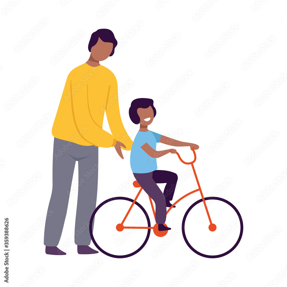 Father Teaching his Son to Ride a Bicycle, Parent and Kid Spending Time Together Flat Style Vector Illustration