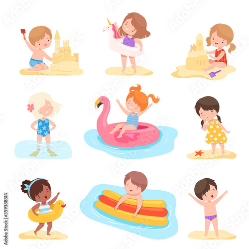 Cute Boys and Girls Playing on the Beach and Swimming in the Sea Set, Kids Summer Activities, Adorable Children Having Fun on Holidays Cartoon Vector Illustration