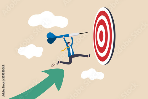 Business target achievement or success and reaching for target and goal concept, businessman leader holding dart running from rising graph arrow and jump to bullseye target to win in business strategy