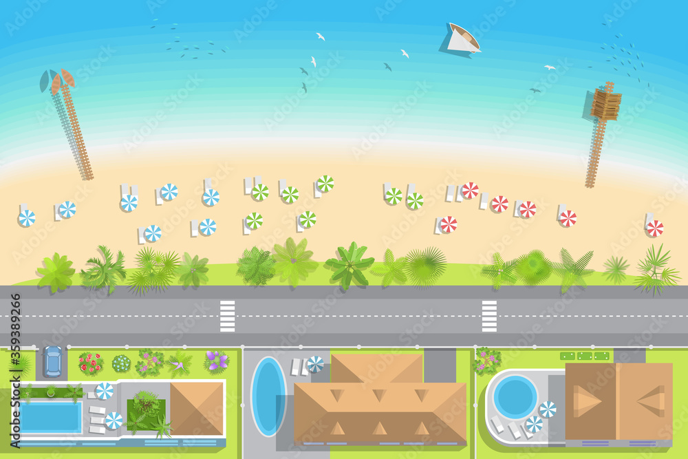 Fototapeta premium Map of the beach with houses (view from above). Summer holiday. Umbrellas and lounge chairs on the beach. (nobody here) Coastline with buildings, trees, umbrellas (top view).