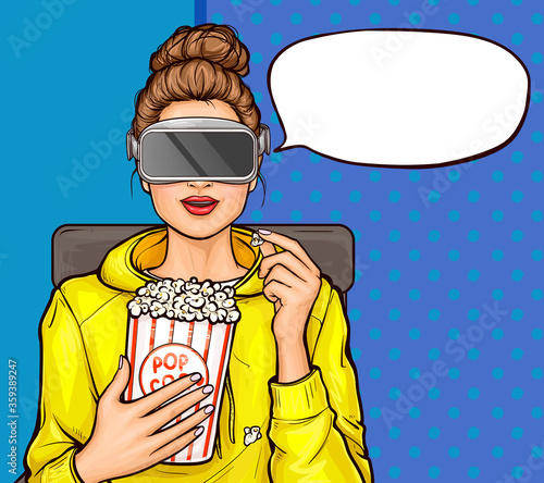 Vector pop art illustration of a beautiful girl in yellow hoody with virtual reality glasses sits in a armchair and watching movie. Young woman with vr glasses in auditorium holds a box with pop corn.