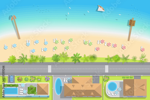 Map of the beach with houses (view from above). Summer holiday. Umbrellas and lounge chairs on the beach. (nobody here) Coastline with buildings, trees, umbrellas (top view).