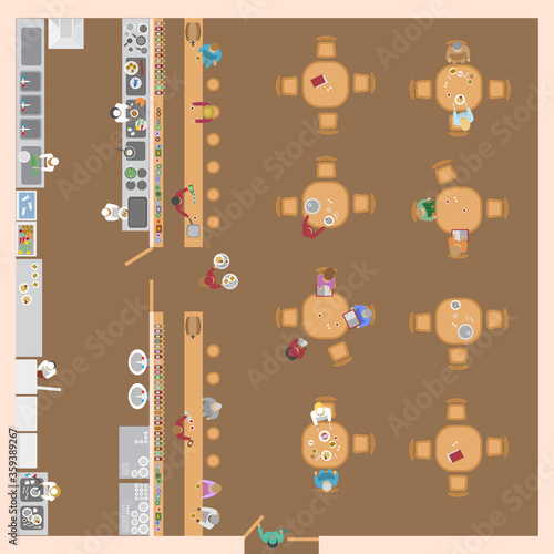 Vector illustration. Cafe top view. The restaurant hall, bar, kitchen, tables, visitors, waiters, cooks. (view from above) 