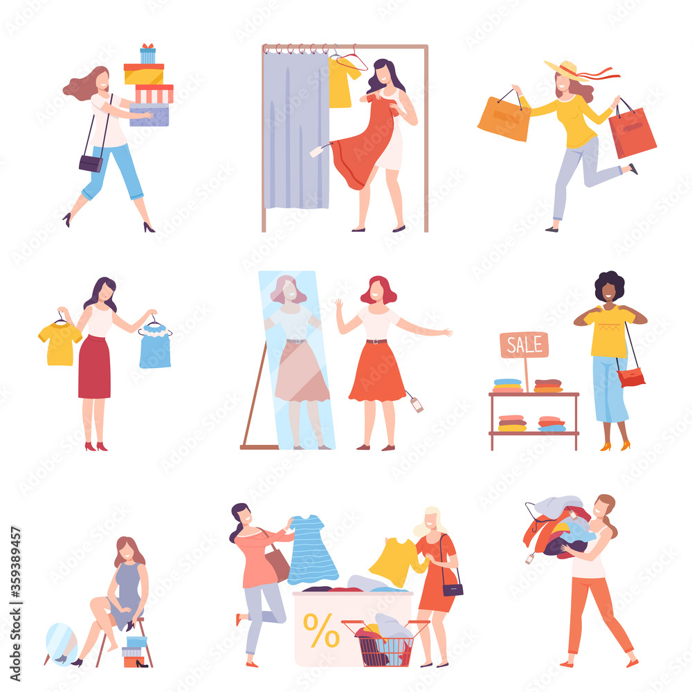 Young Women Taking Part in Seasonal Sale at Store, Mall Set, Girls Choosing, Trying On and Buying Clothes Flat Style Vector Illustration