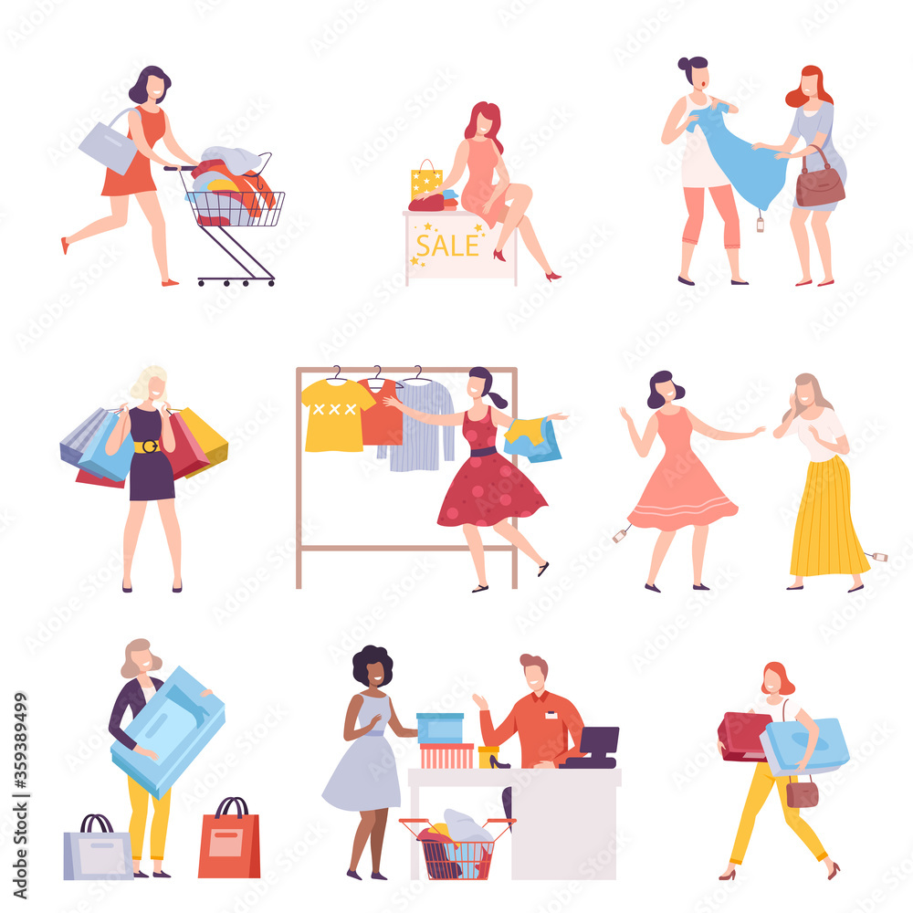 Young Women Taking Part in Seasonal Sale at Store, Mall Set, Girls Carrying Shopping Bags and Boxes with Purchases Flat Style Vector Illustration Isolated on White Background