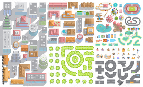 Set of landscape elements. City. (Top view) Houses, buildings, skyscrapers, attractions, road, river, trees. (View from above)