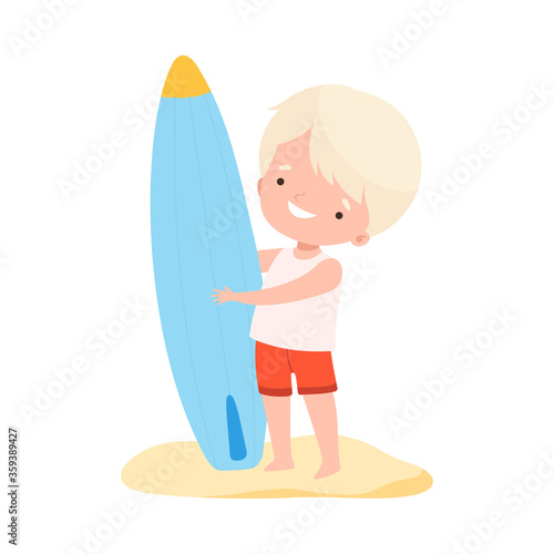 Cute Boy in Swimsuit Standing with Surfboard on Sandy Beach, Kids Summer Activities, Adorable Child Having Fun on Summer Holidays Cartoon Vector Illustration