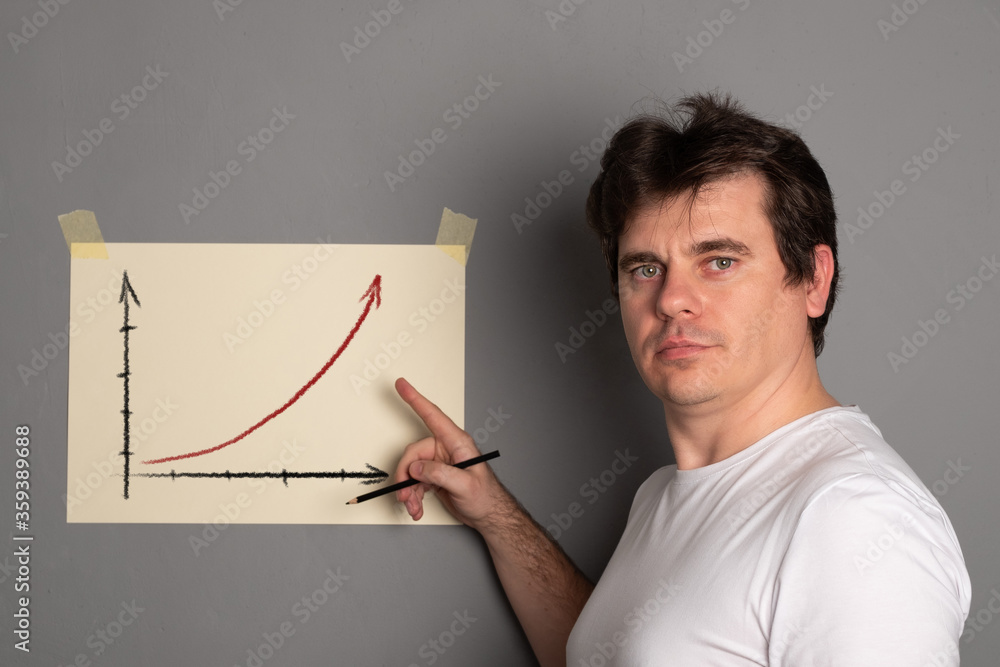 Man draws a graph on the wall. Economic and statistical graphs. Strategic.