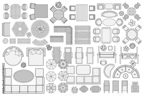 Icons set. Outdoor furniture and patio items. (top view) Isolated Vector Illustration. Tables, benches, chairs, sunbeds, swings, umbrellas, plants. (view from above). Furniture store.