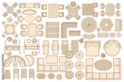 Icons set. Outdoor furniture and patio items. (top view) Isolated Vector Illustration. Tables, benches, chairs, sunbeds, swings, umbrellas, plants. (view from above). Furniture store.