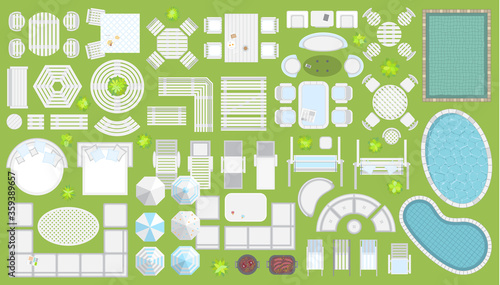 Icons set. Outdoor furniture and patio items. (top view) Isolated Vector Illustration. Tables, benches, chairs, sunbeds, swings, umbrellas, plants. (view from above). Furniture store.