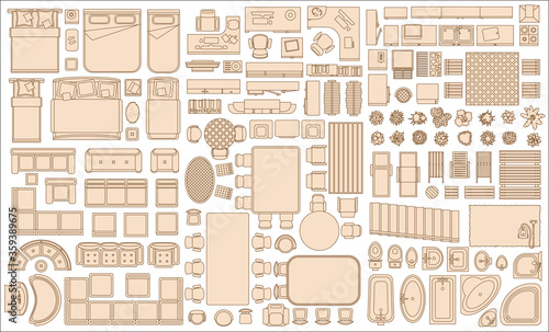 Icons set of interior (top view). Isolated Vector Illustration. Furniture and elements for living room, bedroom, kitchen, bathroom. Floor plan (view from above). Furnitu