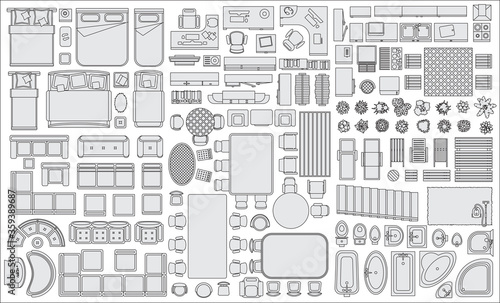 Icons set of interior (top view). Isolated Vector Illustration. Furniture and elements for living room, bedroom, kitchen, bathroom. Floor plan (view from above). Furniture store.