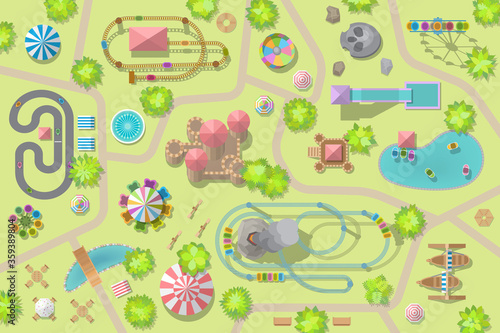 A vector illustration of amusement park map. (Top view) Attractions, paths, lake, circus, plants, tents. (View from above)