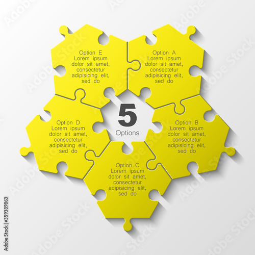 Puzzle five piece business presentation. Circle infograph. 5 Step round process diagram. Section compare banner.
