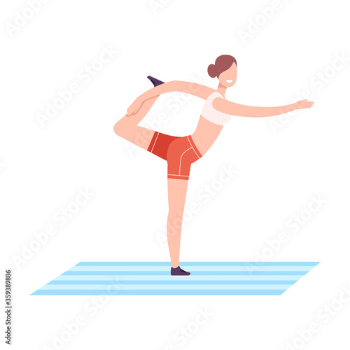 Young Woman in Sportswear Standing on Lord of Dance Pose, Girl Doing Sports in Fitness Club, Gym or Home, Active Healthy Lifestyle Flat Style Vector Illustration