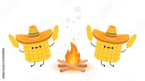 Corn in a Mexican hat. Corn vector. Corn character design. Corn vector on white background. Bonfire vector.