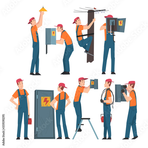 Electrical Engineers Repairing and Operating Electrical Equipment, Electricity Maintenance Professional Service Workers Characters in Uniform Cartoon Style Vector Illustration