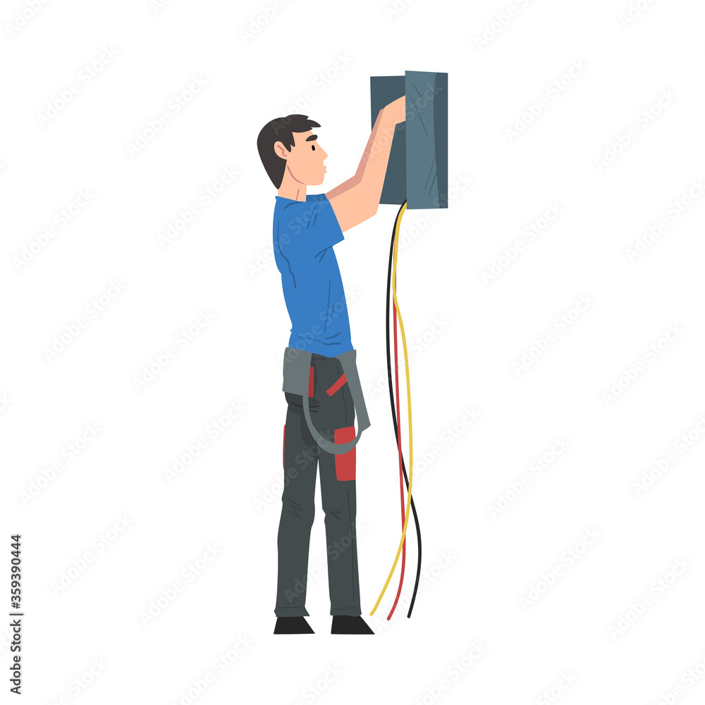Male Electrician Engineer Repairing Control Panel, Electricity Maintenance Service Worker Character Cartoon Style Vector Illustration Male Electrician Engineer Repairing Control Panel, Electricity Maintenance Service Worker Character Cartoon Style Vector Illustration