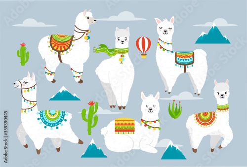 Vector set illustration of cute llama and alpaca with cactuses, mountains, balloon and clouds. Cartoon llama character illustration elements for poster, greeting, birthday card. Cute Alpaca.