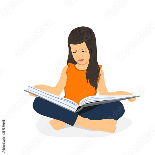 Little girl is reading a book while sitting. Distance learning. Home education. School girl girl doing homework. Child with a book in her hands. Bookcrossing.